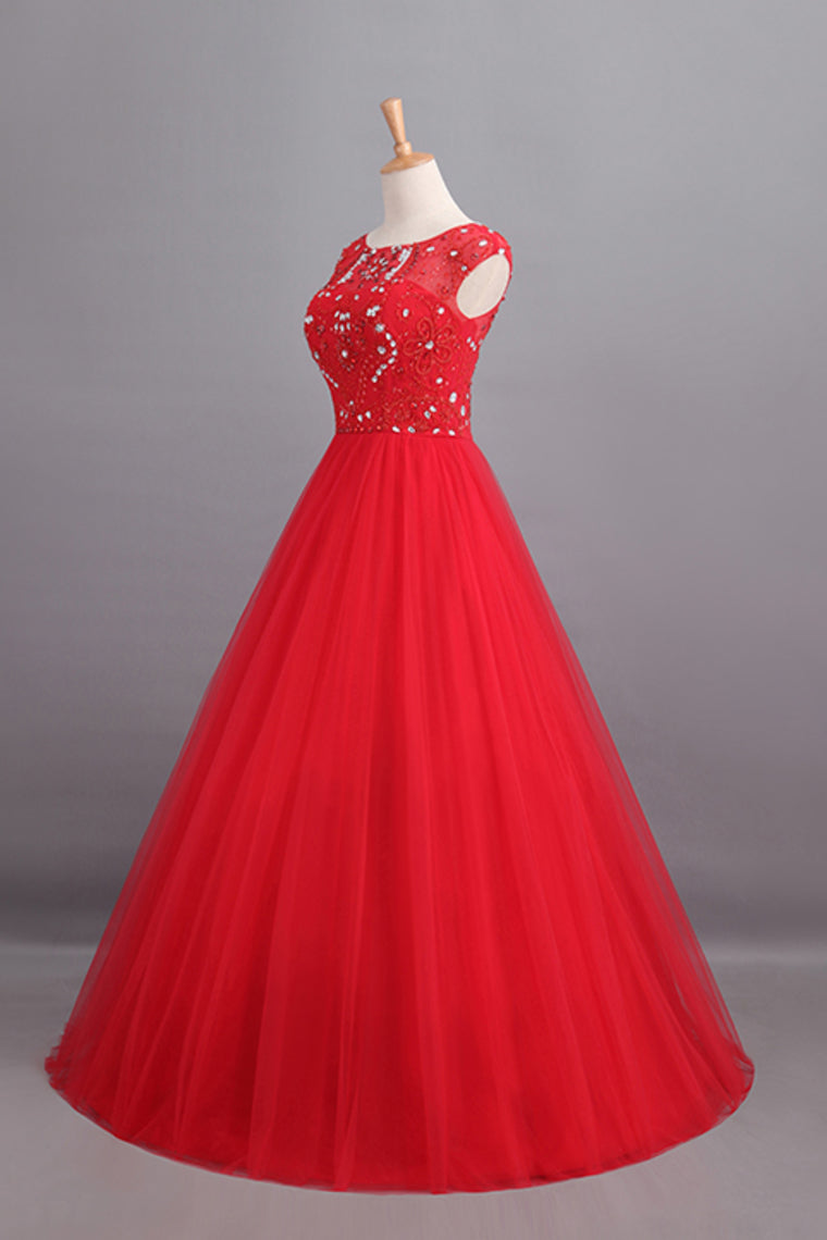 2024 Prom Dresses A Line Scoop Long Tulle V Back Red