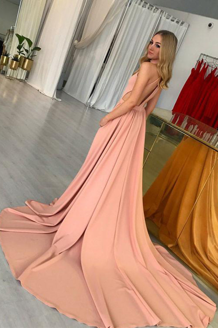 2024 Sexy Open Back High Neck A Line Satin Court Train Evening Dresses