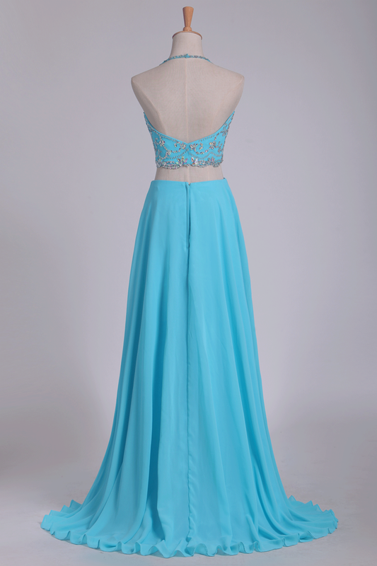 2024 Two Pieces Halter Beaded Bodice A Line Prom Dress Chiffon