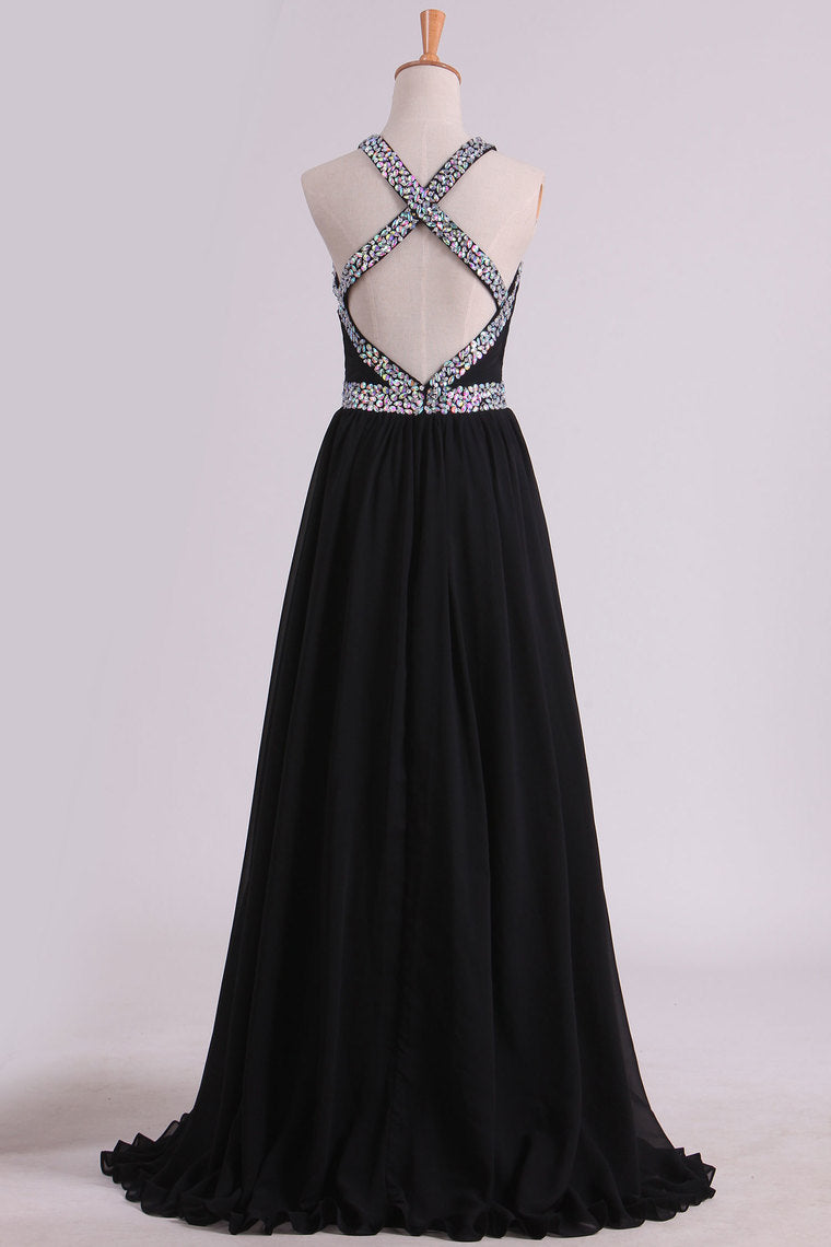 2024 Black Prom Dresses A Line Chiffon With Beads And Slit Cross Back