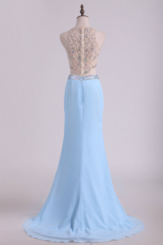 2024 Prom Dresses  Scoop Sheath Two Pieces Chiffon With Beading And Slit Sweep Train