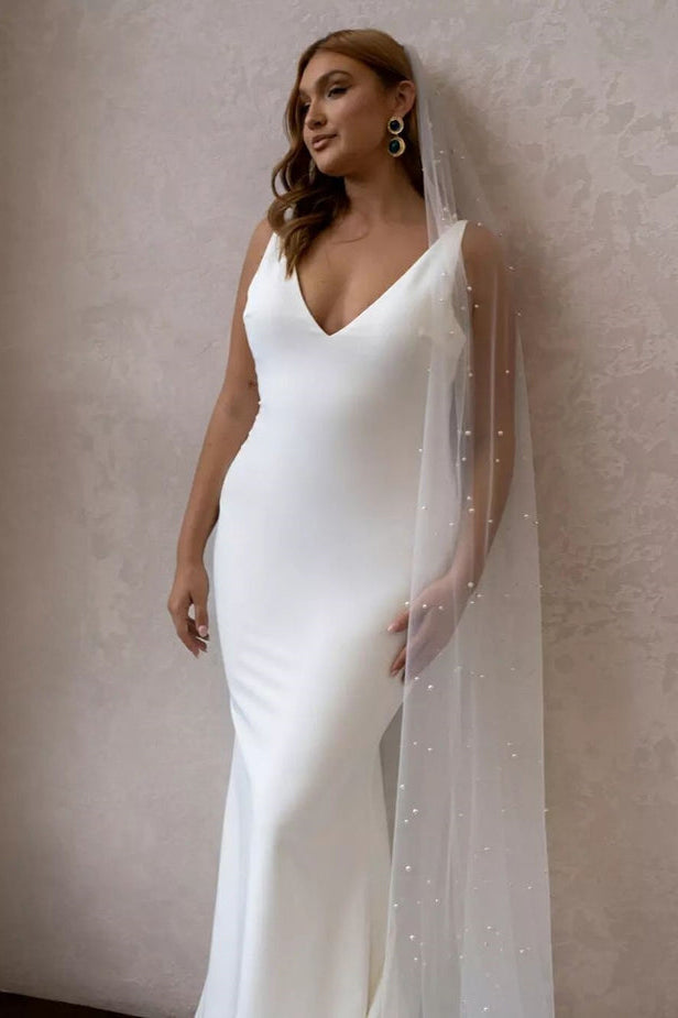 Elegant Mermaid V Neck Elastic Satin Long Wedding Dresses with Train