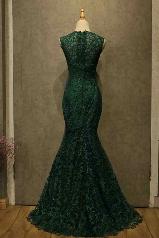 Charming Dark Green Lace Mermaid Straps Prom Dresses, Long Evening Dresses