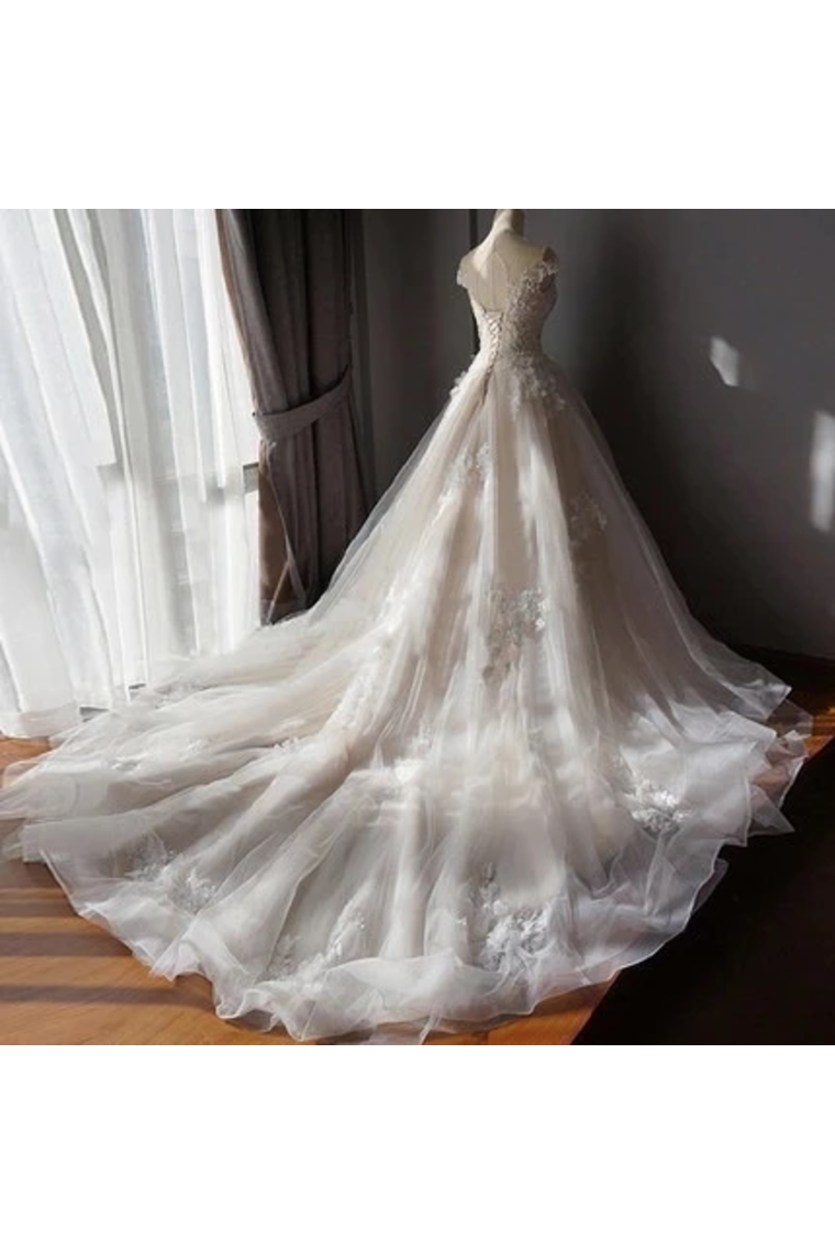 Stunning Off The Shoulder Tulle Wedding Dress With Applique, Bridal Dress With Long Train