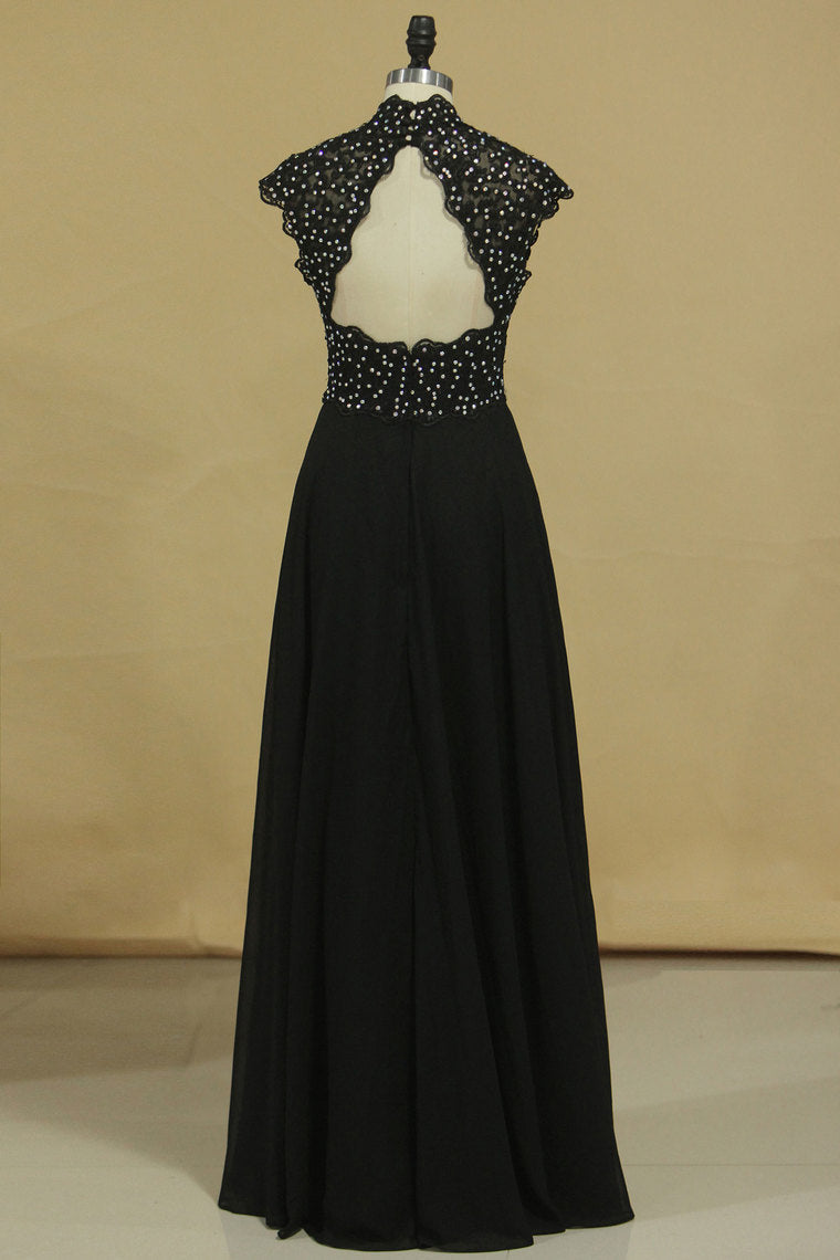 2024 Black High Neck Prom Dresses A Line Chiffon With Applique And Beads