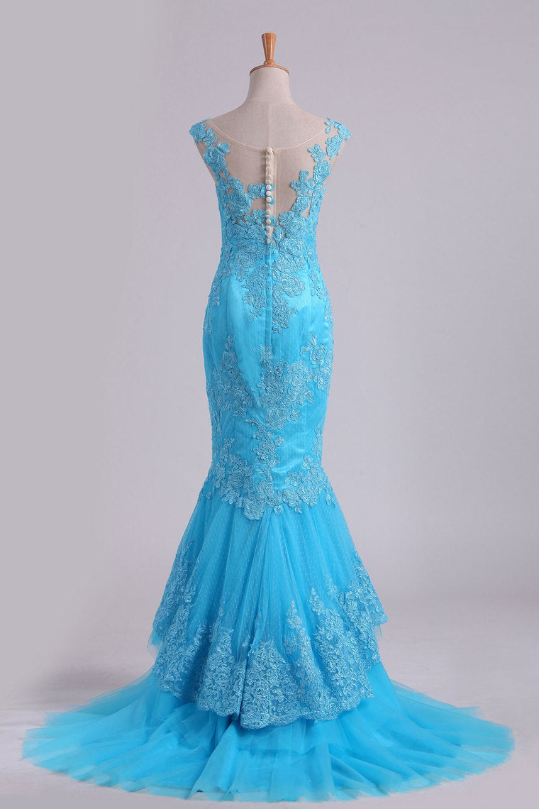 2024 Mermaid Evening Dresses Bateau Tulle With Applique Sweep Train