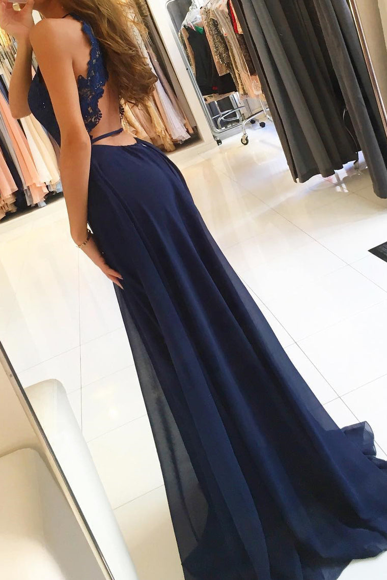 2024 Halter Chiffon Prom Dresses A Line With Applique Open Back