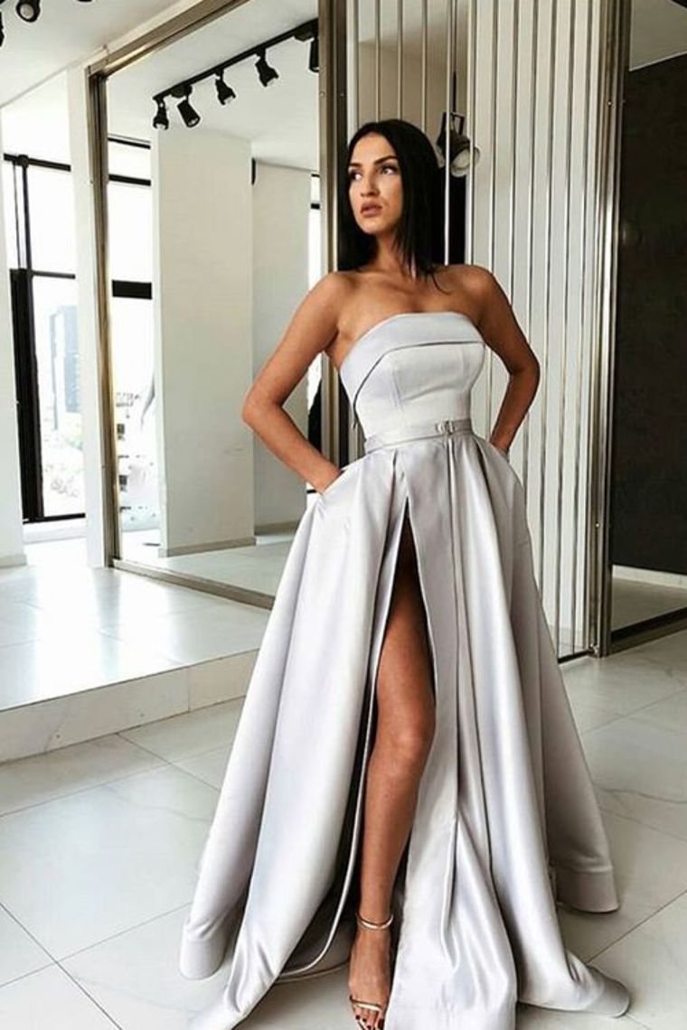 Elegant Strapless Long Silver Satin Simple Prom Dresses With Pockets