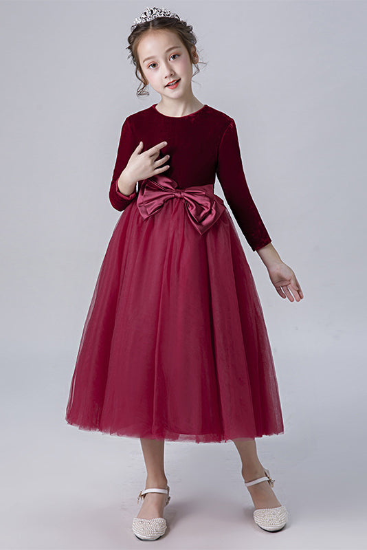 A Line Burgundy Long Sleeves Tulle Flower Girl Dresses