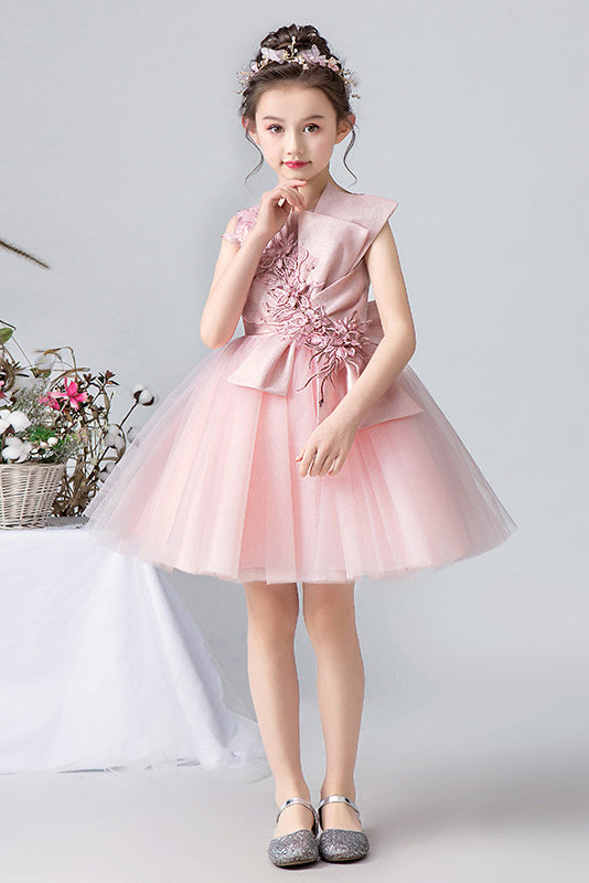 Lovely Pink Sleeveless Tulle Floral Appliques Flower Girl Dresses