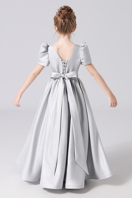 A Line Silver Short Sleeve Floor Length Elegant Flower Girl Dresses With Bownot