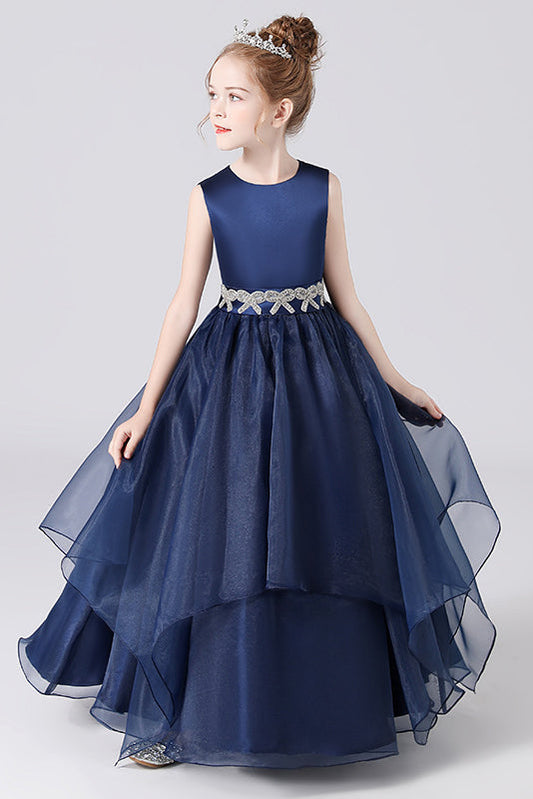 Navy Blue Stain Sleeveless Floor Length Flower Girl Dresses