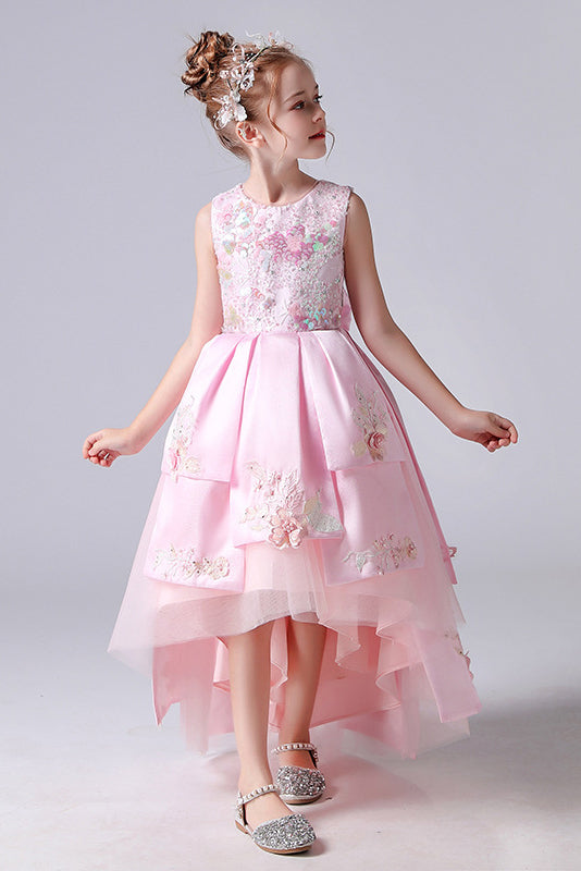 Pink Sleeveless Round Neck Appliques Flower Girl Dresses