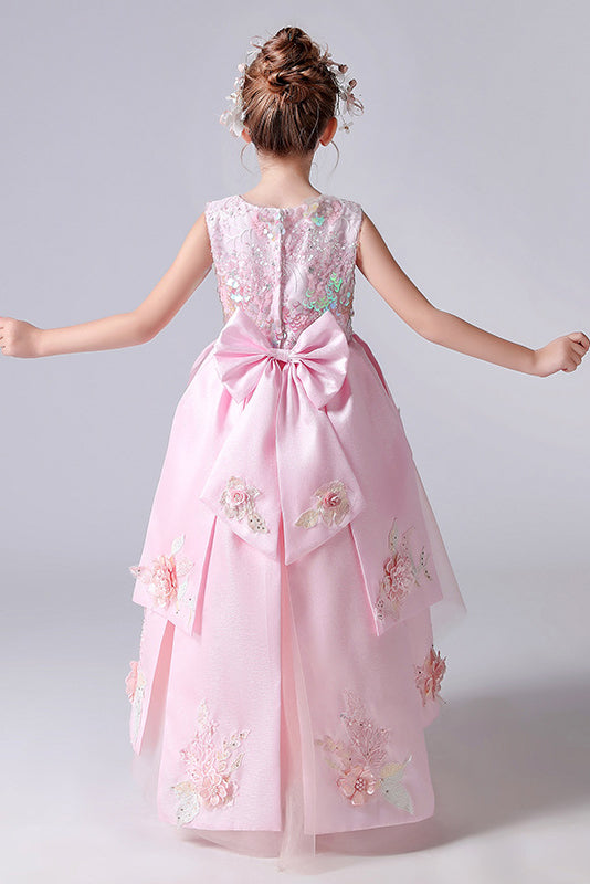 Pink Sleeveless Round Neck Appliques Flower Girl Dresses