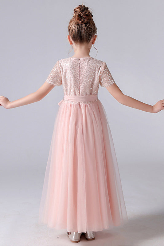 Cute Pink Tulle Sequins Flower Girl Dresses With Belt