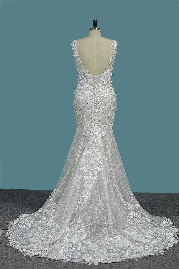 2024 Mermaid Straps Lace Wedding Dresses With Applique Open Back Court Train