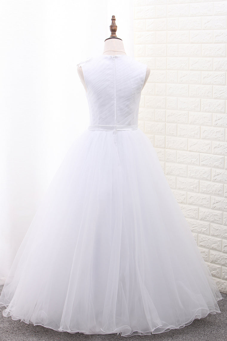 2024 A Line Scoop Flower Girl Dresses Tulle With Handmade Flower Ankle Length