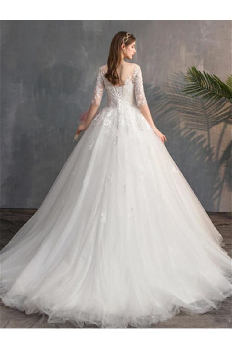 Romantic 3/4 Sleeves Illusion Neckline  Appliques Wedding Dresses