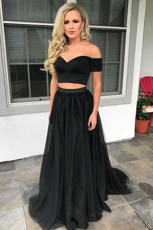 Modest Off The Shoulder 2 Pieces Simple Cheap Long A-Line Prom Dresses