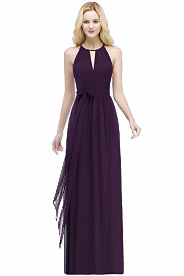 Bow Knot Chiffon Round Neck A Line Sleeveless Wedding Bridesmaid Long Evening  Festive Party Dress