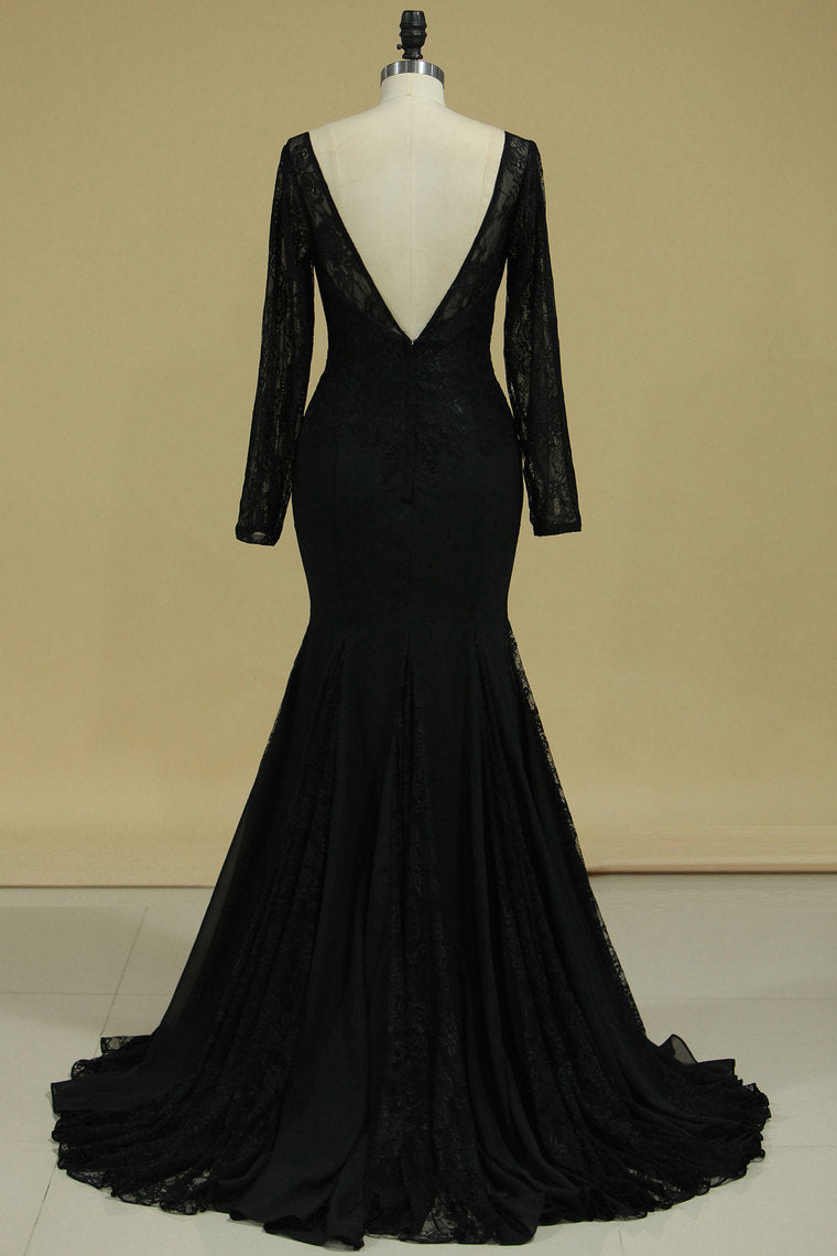 2024 Black Sexy Open Back Long Sleeves Mother Of The Bride Dresses Mermaid Chiffon & Lace