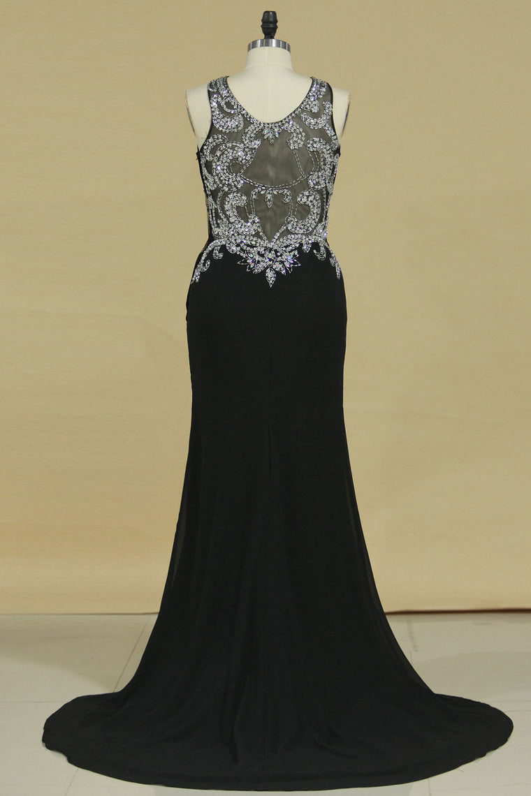 2024 Prom Dresses Sheath Scoop Chiffon With Beads And Slit Sweep Train