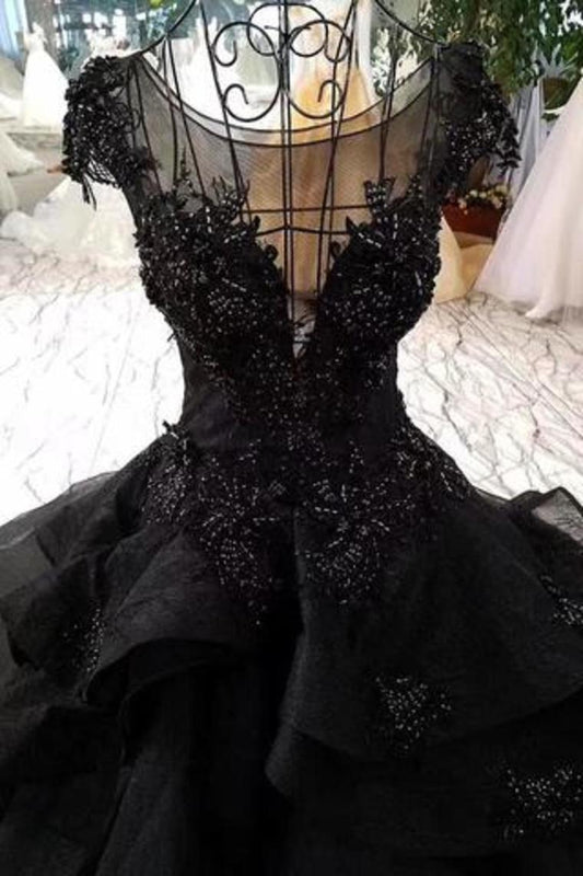 Gorgeous Black Ball Gown Wedding Dress With Cap Sleeves, Long Bridal Dress With Beads