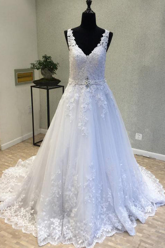 Delicate V Neck With Lace Appliques Wedding Dresses