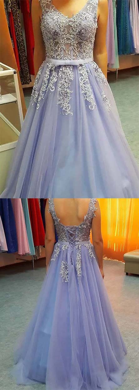 Delicate V Neck Open Back Floor Length With Lace Appliques Prom Dresses