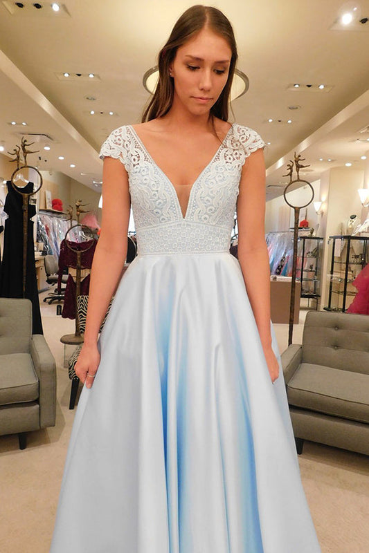 Elegant Cap Sleeves Sky Blue V Neck A Line Lace Appliques Prom Dresses