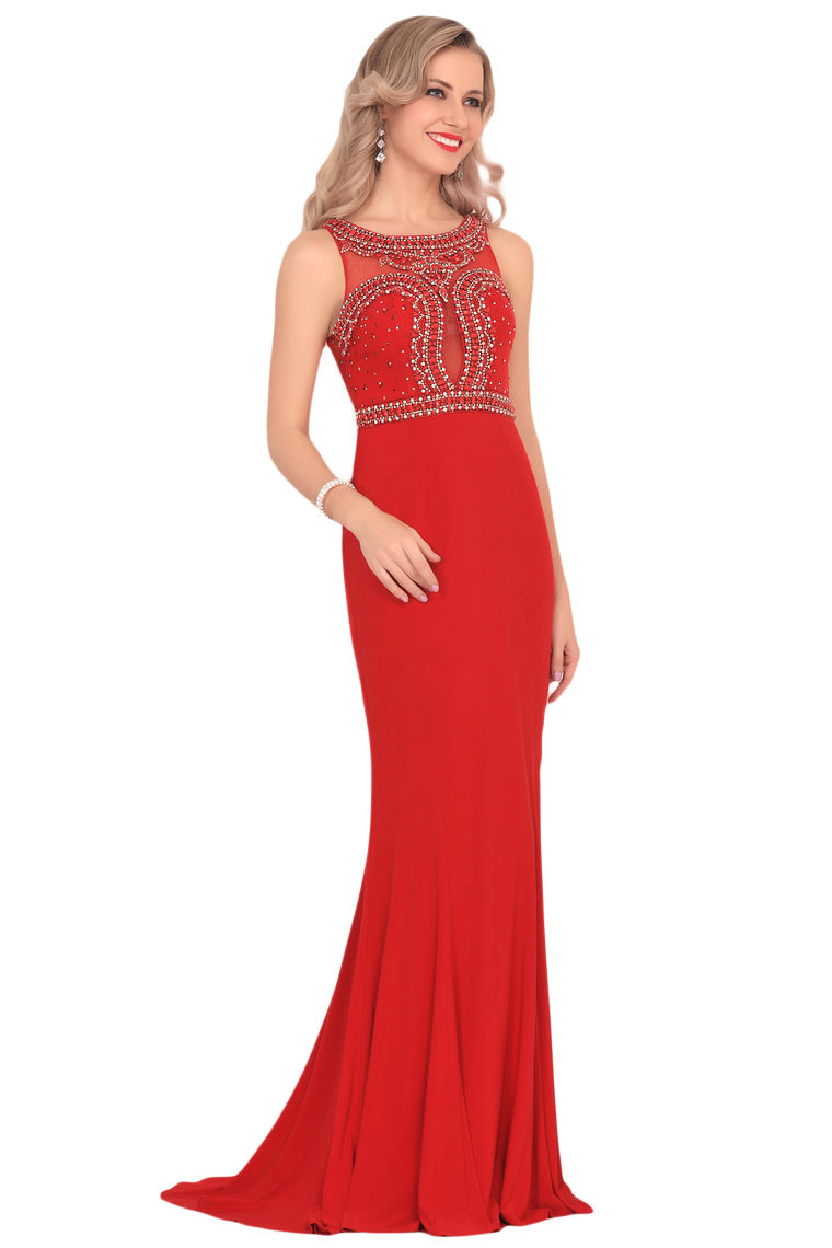 2024 Spandex Scoop Beaded Bodice Mermaid Sweep Train Prom Dresses