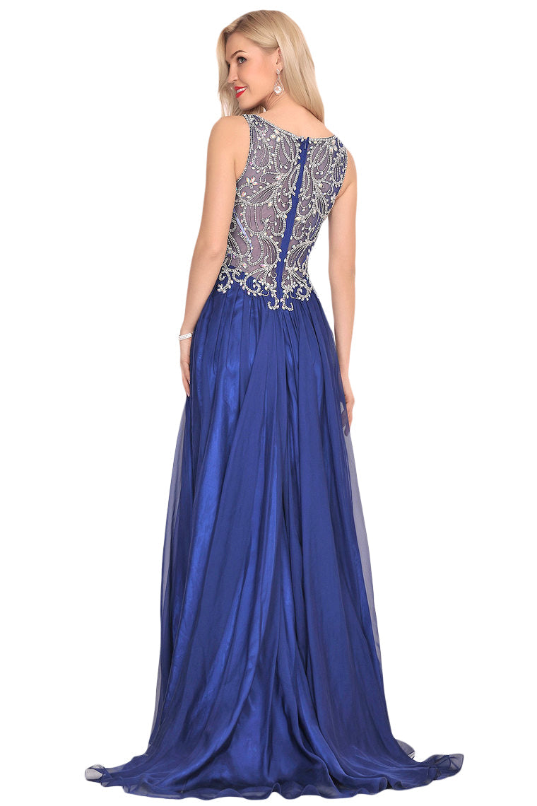 2024 A Line Prom Dresses Scoop Chiffon With Beading Sweep Train