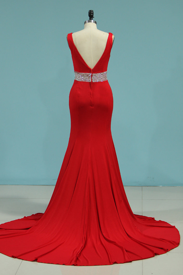 2024 New Arrival Prom Dresses Mermaid V Neck Spandex Open Back