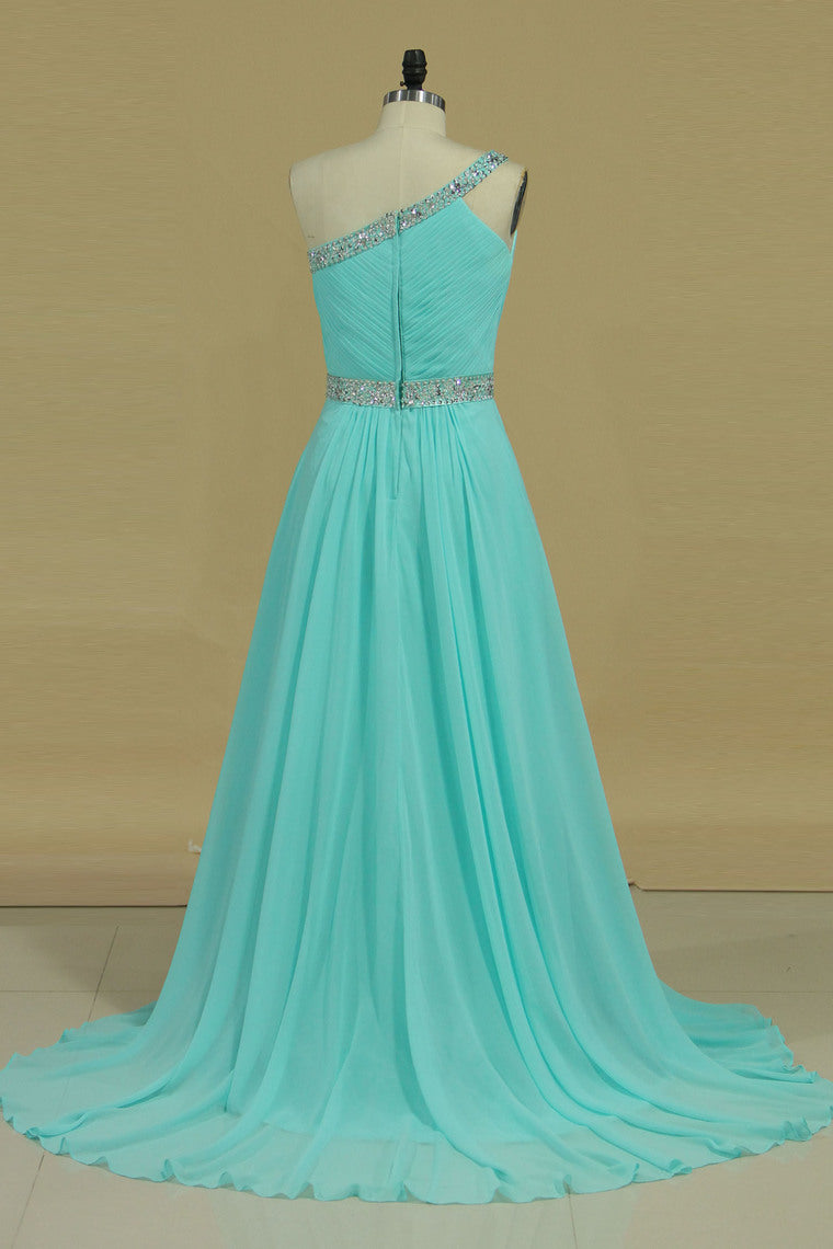 2024 Hot One Shoulder Prom Dresses A Line Chiffon With Beading & Ruffles