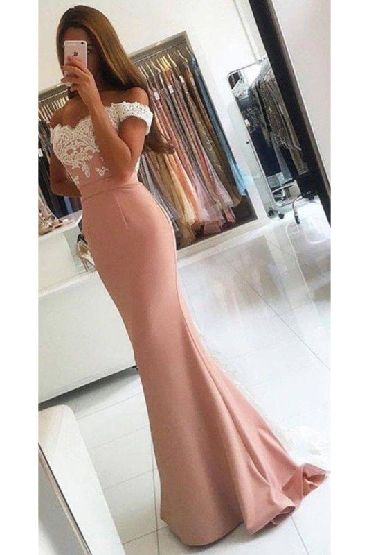 2024 Elastic Satin Off The Shoulder Mermaid With Applique Sweep Train Prom Dresses