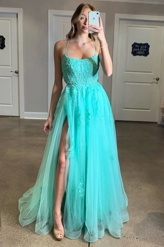 Spaghetti Straps High Slit Evening Dress Appliqued Sweep Train Long Prom Dress