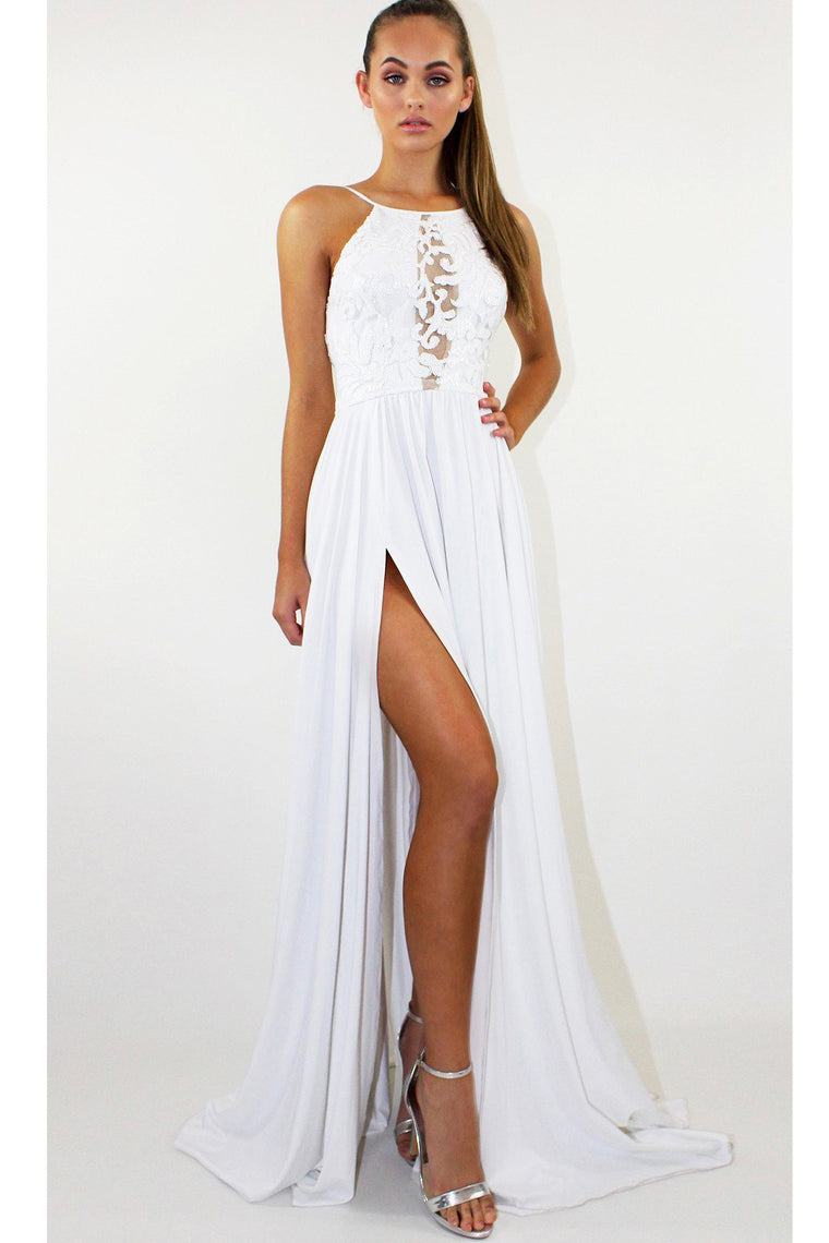 White Backless Long Prom Dress Split Spaghetti Strap Party Maxi Dress