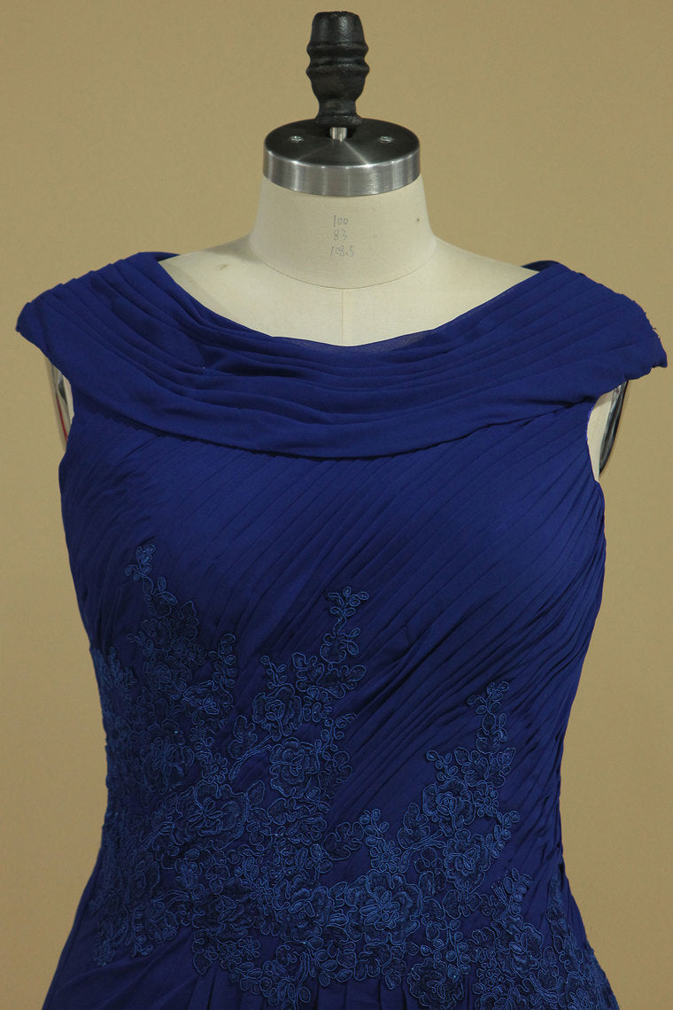 2024 Dark Royal Blue A Line Cowl Neck Prom Dresses Chiffon With Applique And Beads