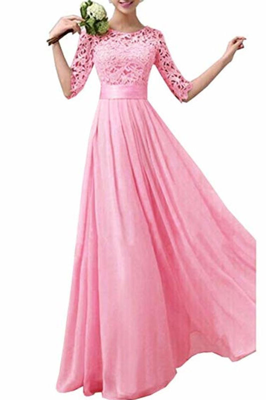 Lace Splice Chiffon Half Sleeve Floor Length Formal Bridesmaid Dresses