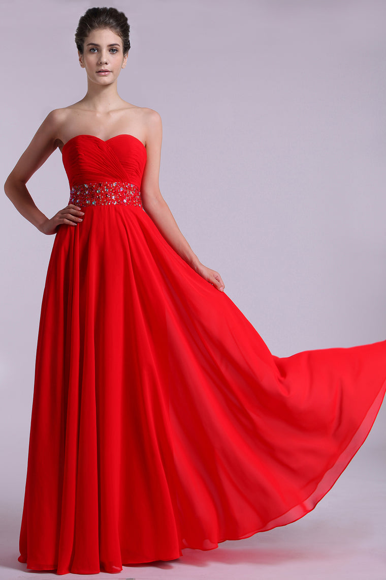 2024 Sweetheart Prom Dresses A Line Chiffon Floor Length Beaded Waistband