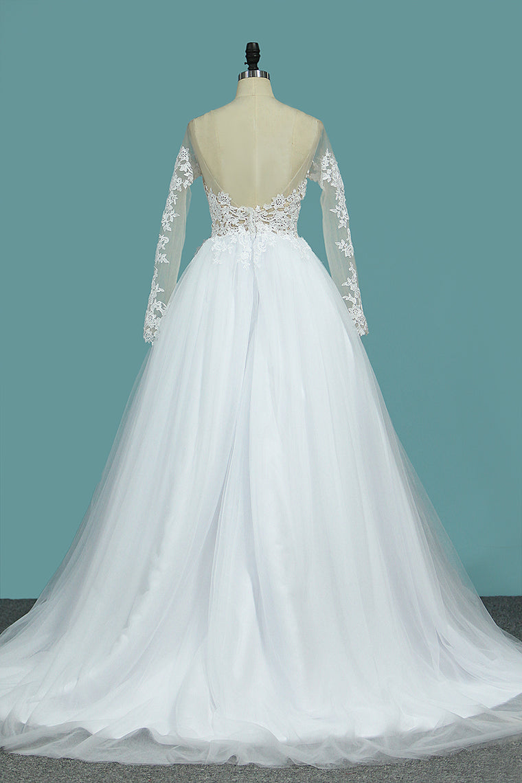 2024 Wedding Dresses Bateau Long Sleeves A Line With Applique Tulle Open Back