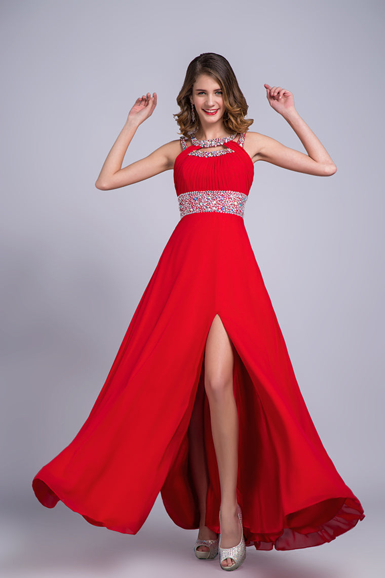 2024 Scoop Prom Dresses A Line Sweep/Brush Red Open Back