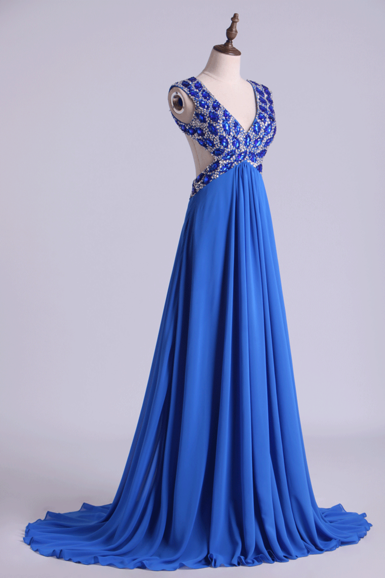 2024 V-Neck Prom Dresses A Line Chiffon With Beading