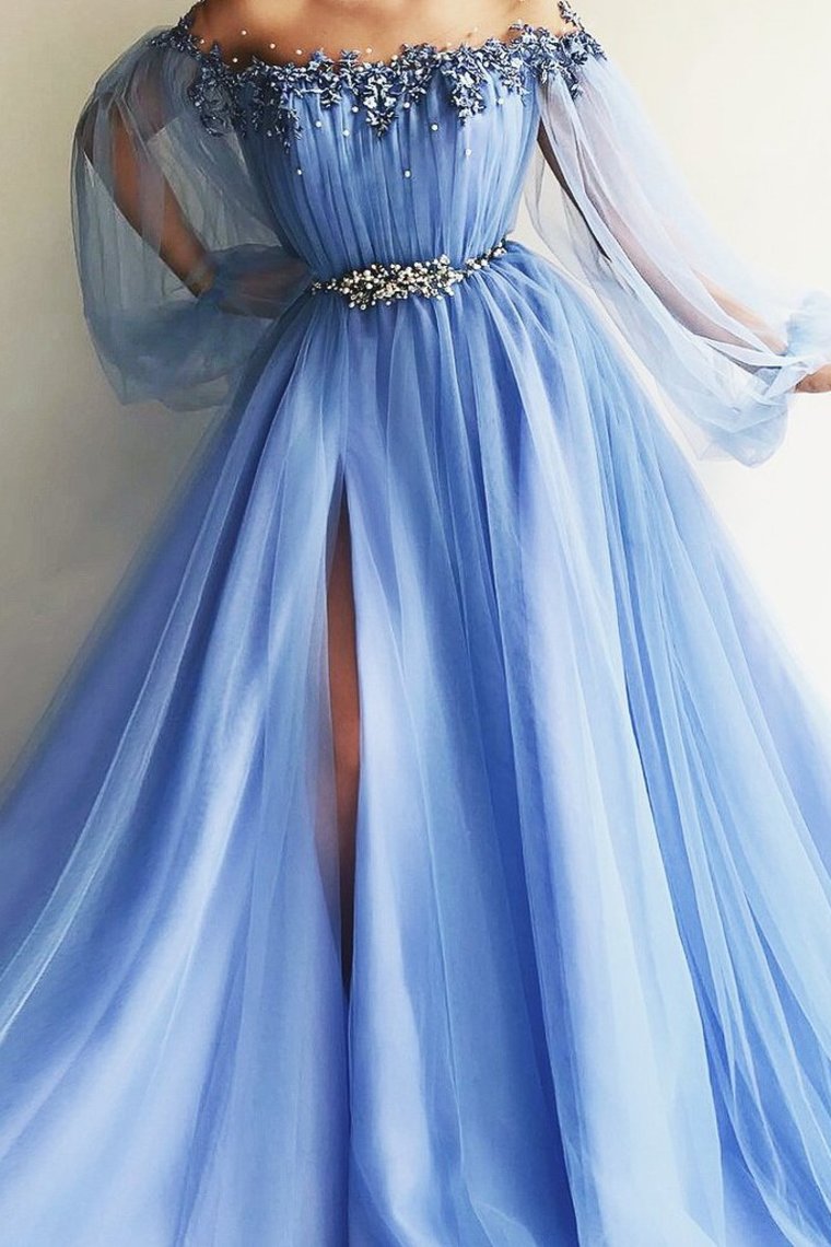 Newest Long Beading Lace Tulle A-Line Blue Prom Dresses Evening Dresses