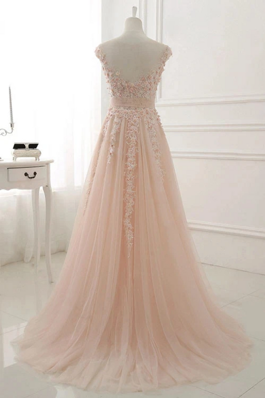 A Line Sheer Neck Cap Sleeves Tulle Prom Dresses, Appliques Sweep Train Formal Dresses