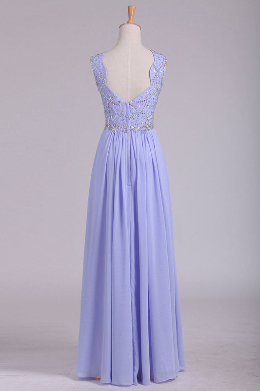 2024 Prom Dresses A Line Straps Beaded Bodice Open Back Chiffon