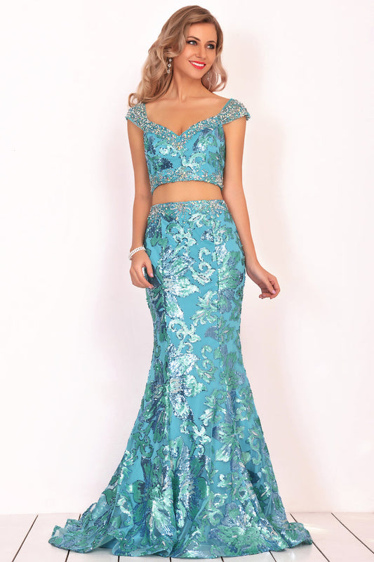 2024 Mermaid Cap Sleeves Tulle Prom Dresses With Beads&Sequins Sweep Train