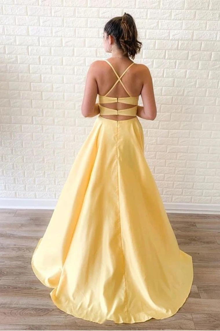 Simple Sleeveless Split Long Prom Dresses, Cheap Sweep Train Evening Dresses