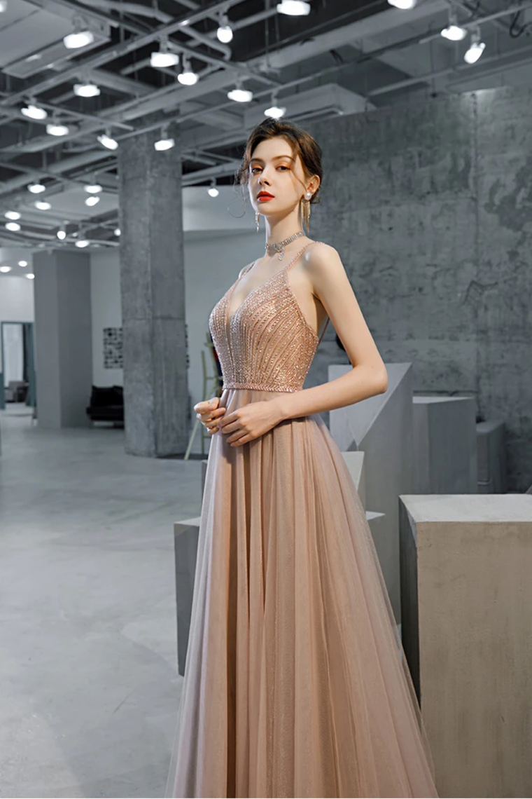 A Line Straps Sleeveless Prom Dress With Beading And Sequins, Long Evening Dress