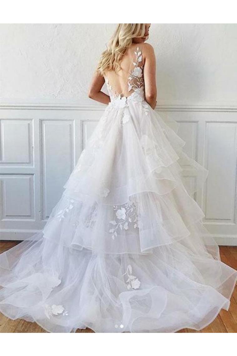 A-Line V Neck Sweep Train Wedding Dress With Appliques